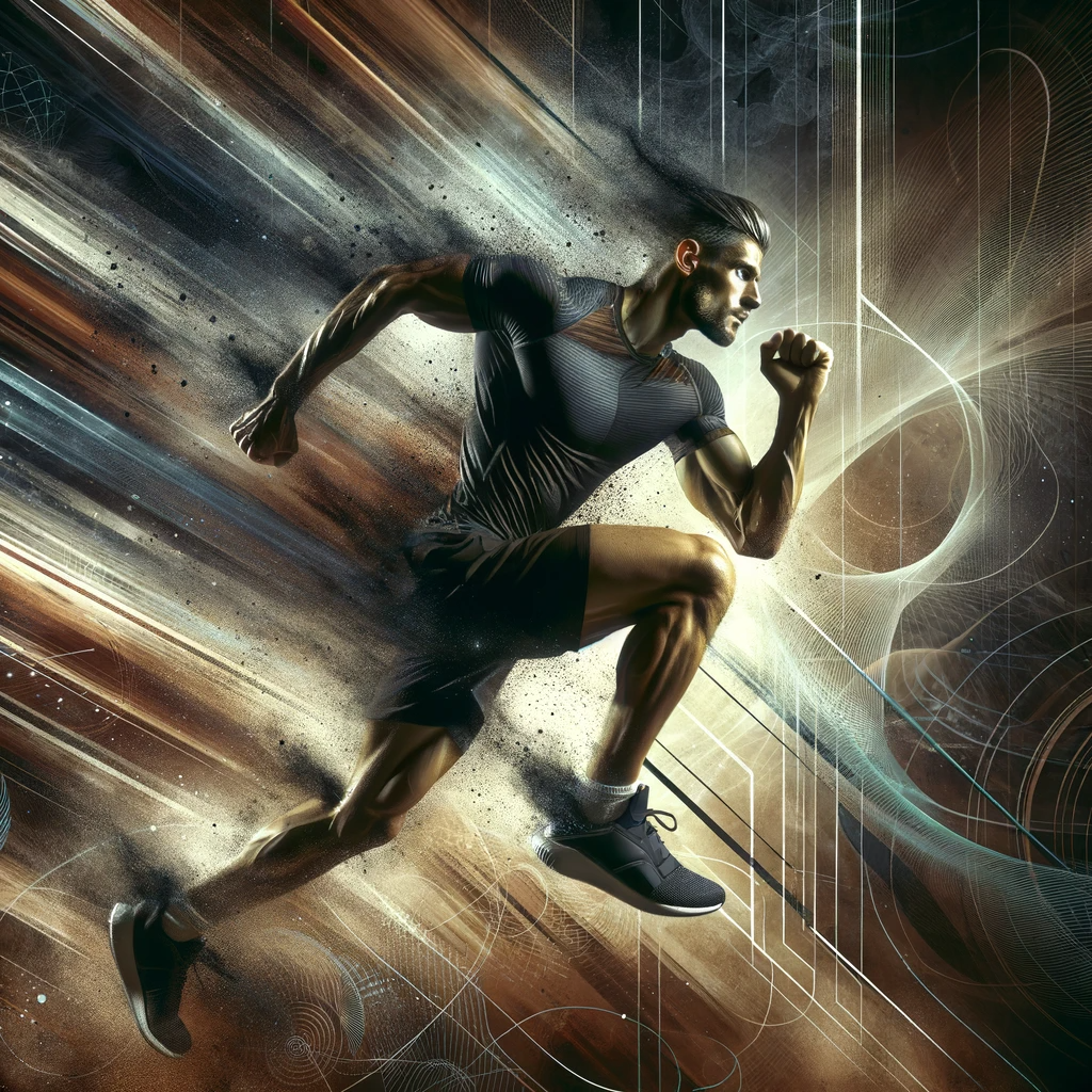 Un athlète dynamique en plein mouvement, démontrant force et endurance, est mis en valeur contre un fond expressif évoquant énergie et vitalité. L'athlète, concentré et déterminé, semble courir ou s'entraîner intensément, reflétant l'impact positif de la caféine sur l'endurance et la performance physique. Le fond se compose de nuances de brun et de noir, rappelant subtilement le café, complété par des motifs abstraits et des lignes d'énergie symbolisant l'éveil mental et la concentration apportés par la caféine. Cette image transmet un message de force, d'énergie et de bien-être, en harmonie avec les thèmes de l'article sur l'impact de la caféine dans le sport et la santé